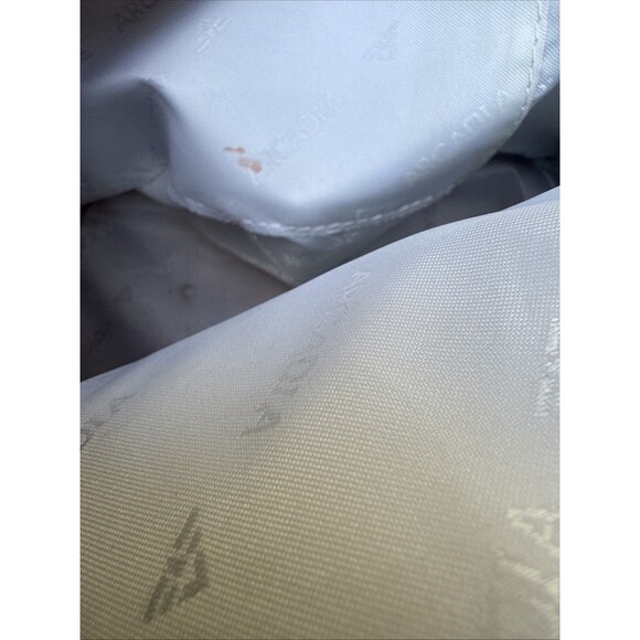 ARCADIA Italy Patent Leather handbang Cream W Gold tone Zip Logo Tan Handles & B - Picture 5 of 11